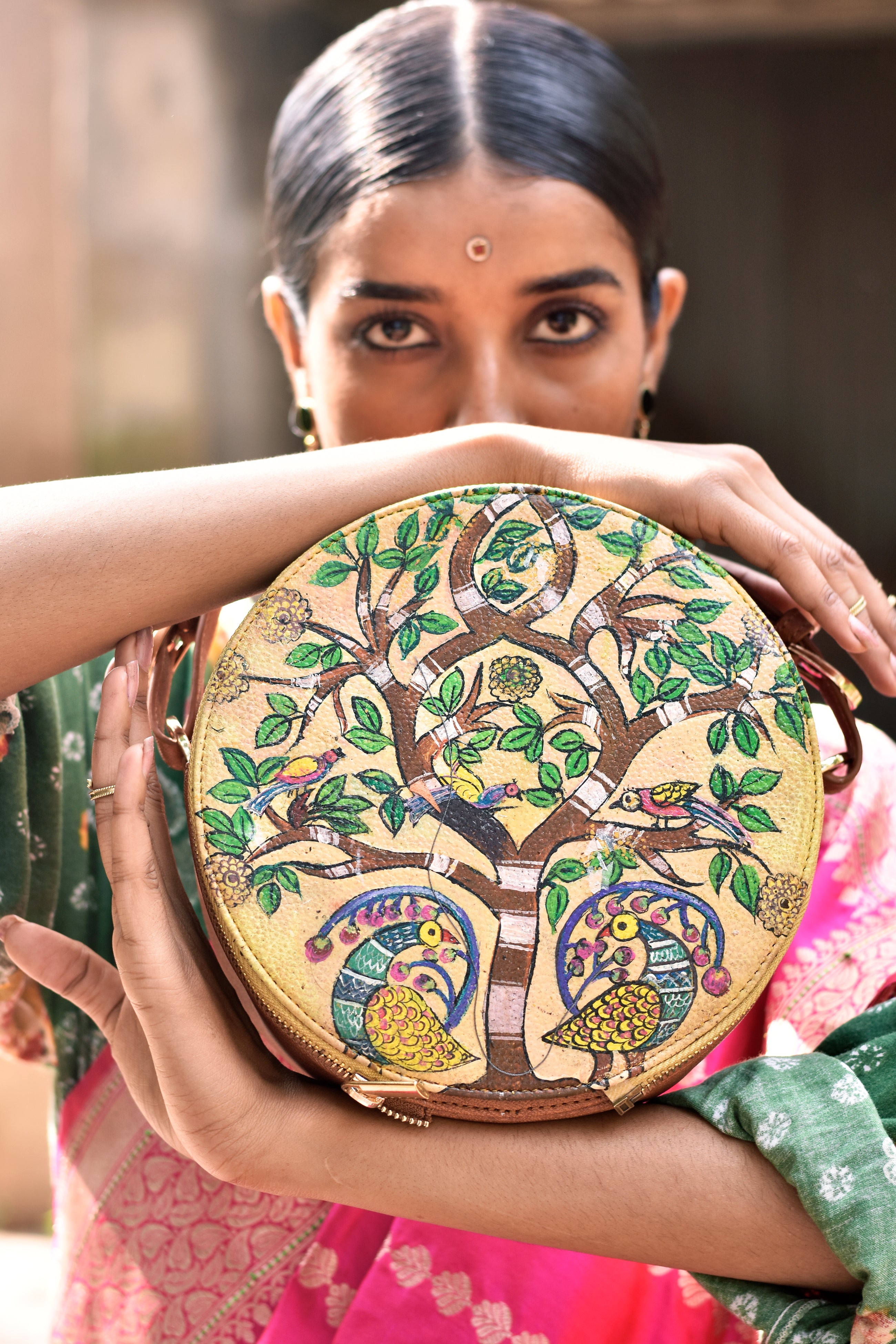 रसा Madhubani Peacock Round Sling Bag (HAND-PAINTED)