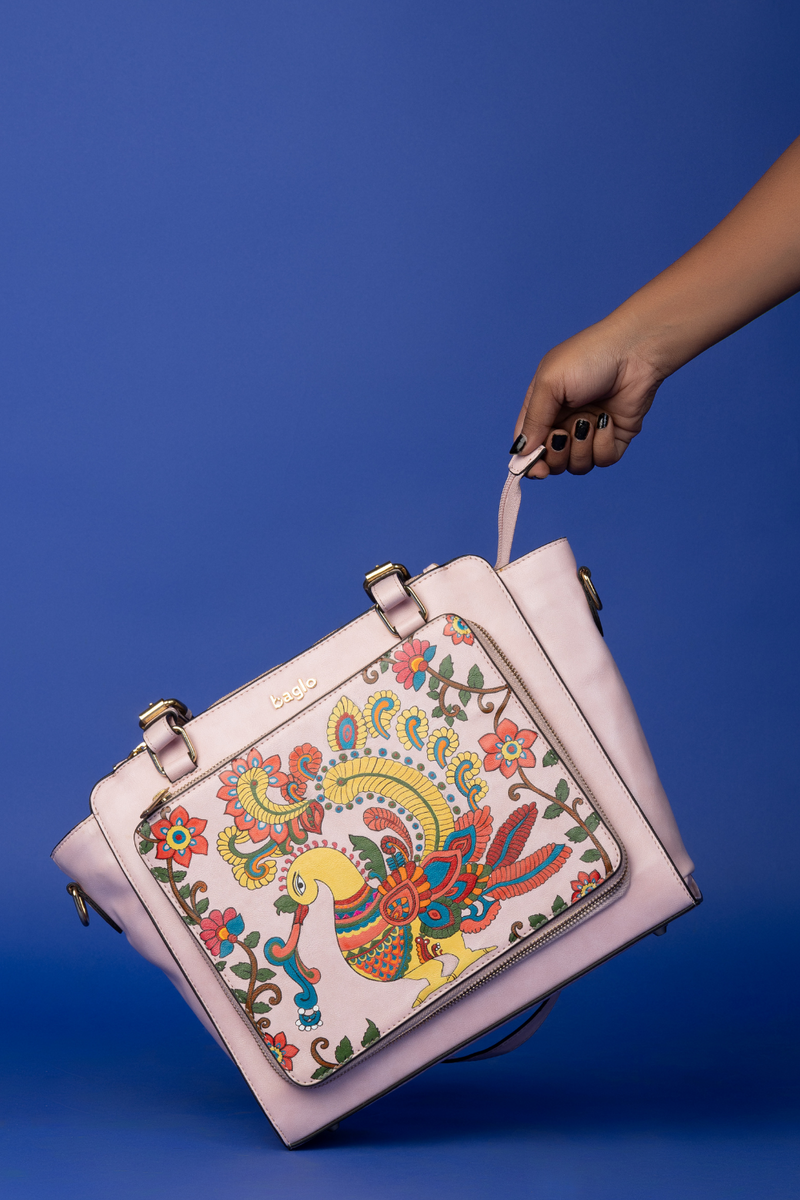 कला Snow Pink (Kalamkari Peacock) Everyday Essential Shoulder Bag (PRE ORDER)
