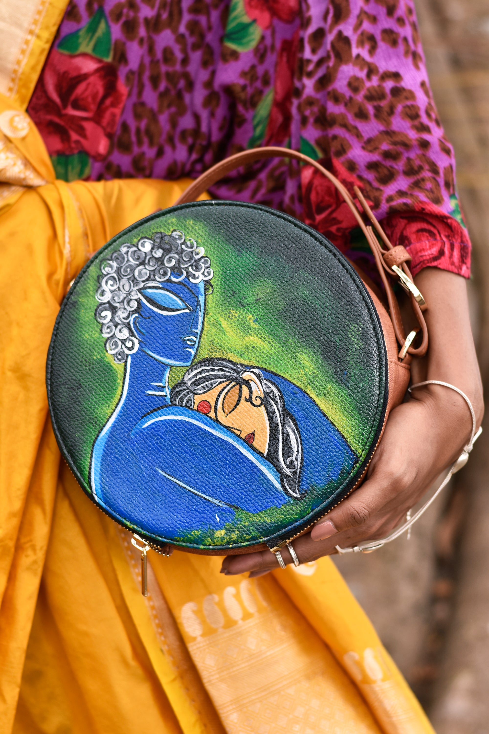 रसा Radha Krishna Round Sling Bag (HAND-PAINTED)