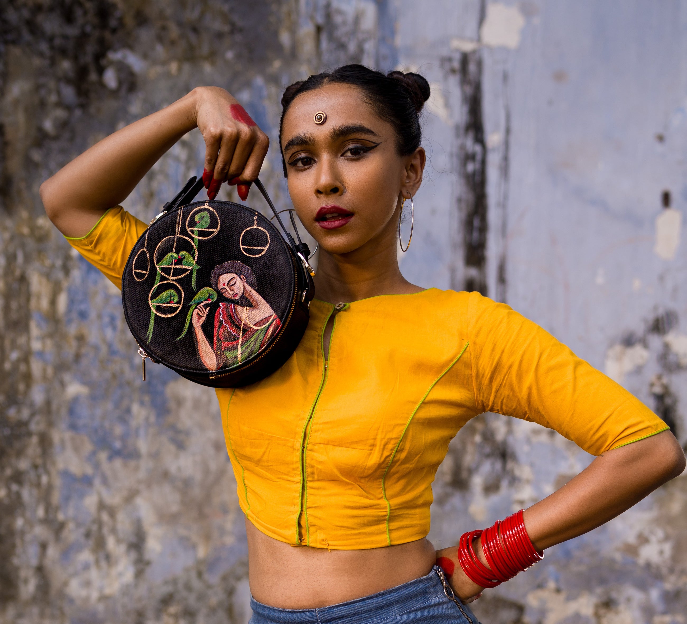 रसा Uran Toli Round Sling Bag (HAND-PAINTED)