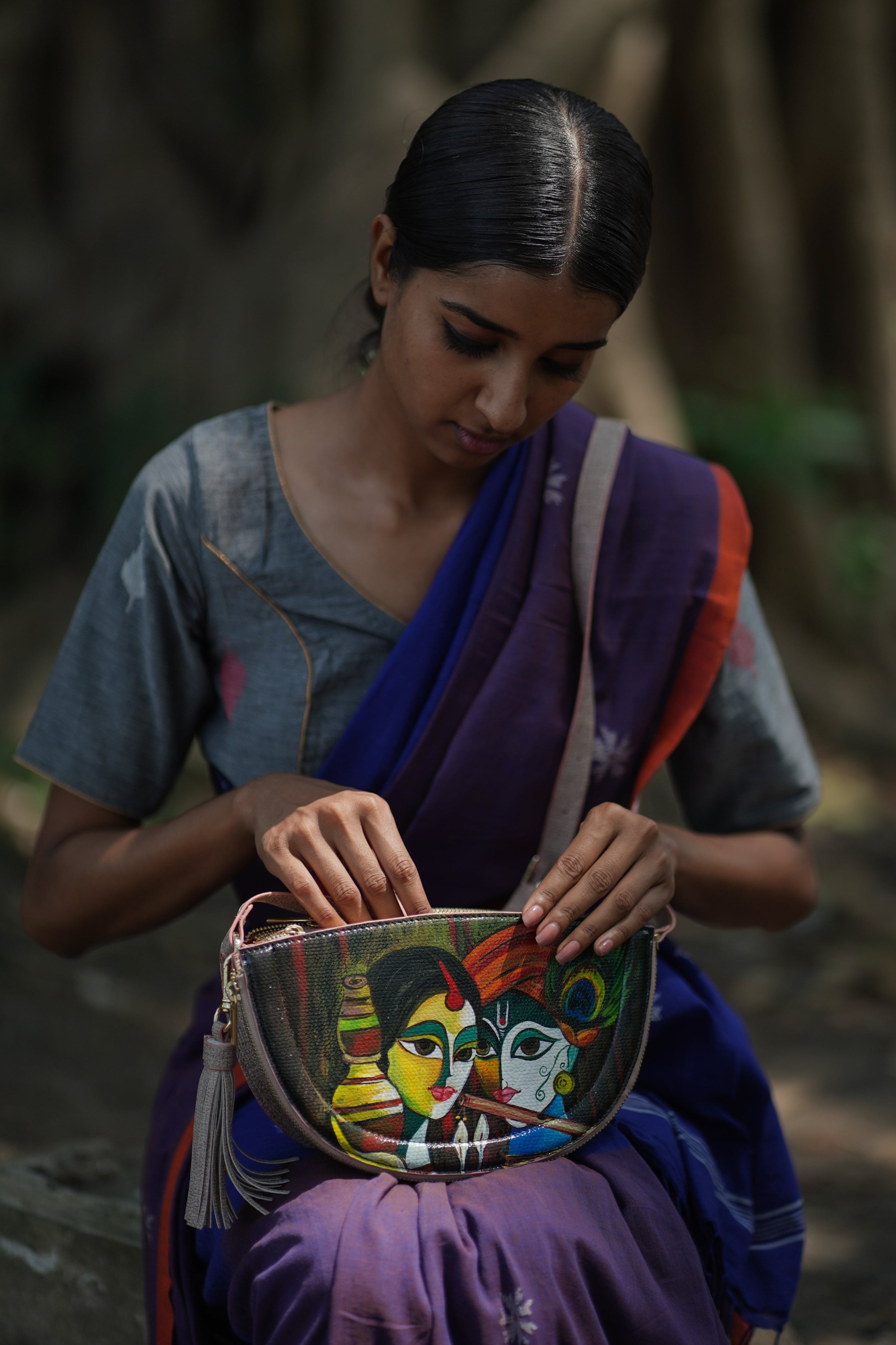 रसा Radha Krishna Half Moon Bag (HAND-PAINTED)